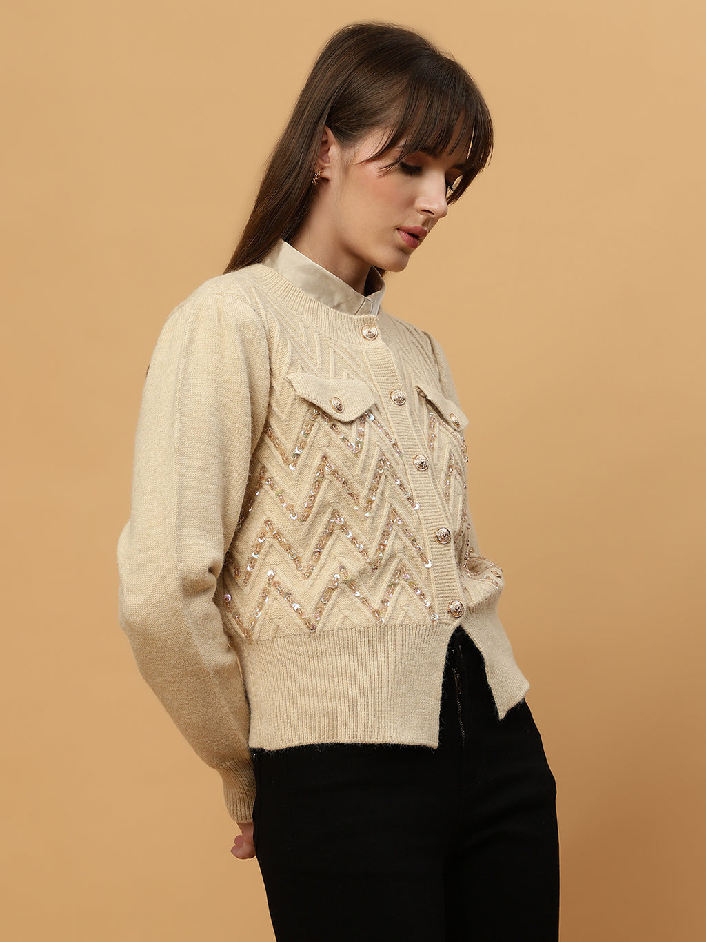 Beatnik Full Sleeves Front Open Abstract Sequins Womens Beige Sweaters Beatnik India