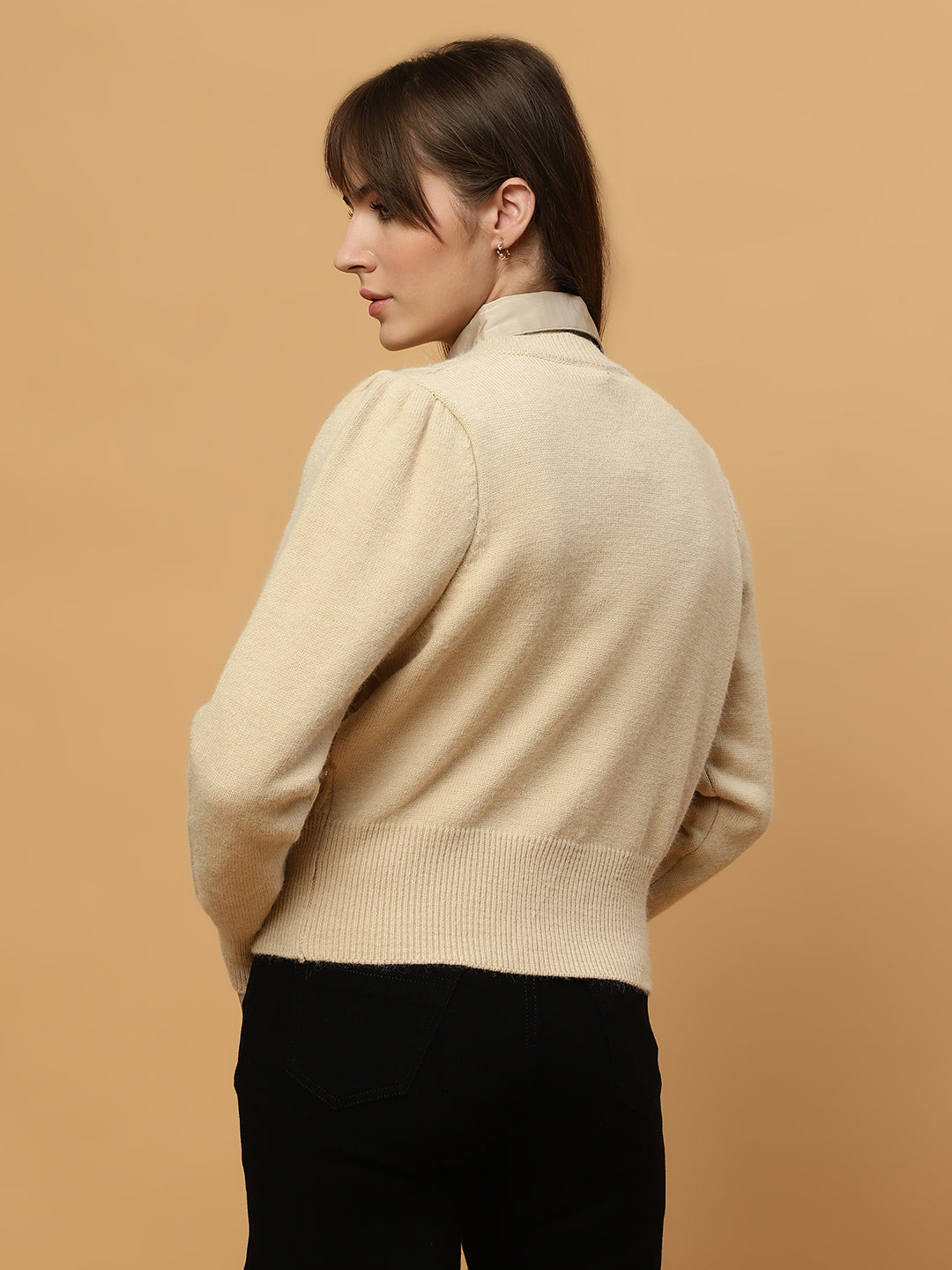 Beatnik Full Sleeves Front Open Abstract Sequins Womens Beige Sweaters Beatnik India