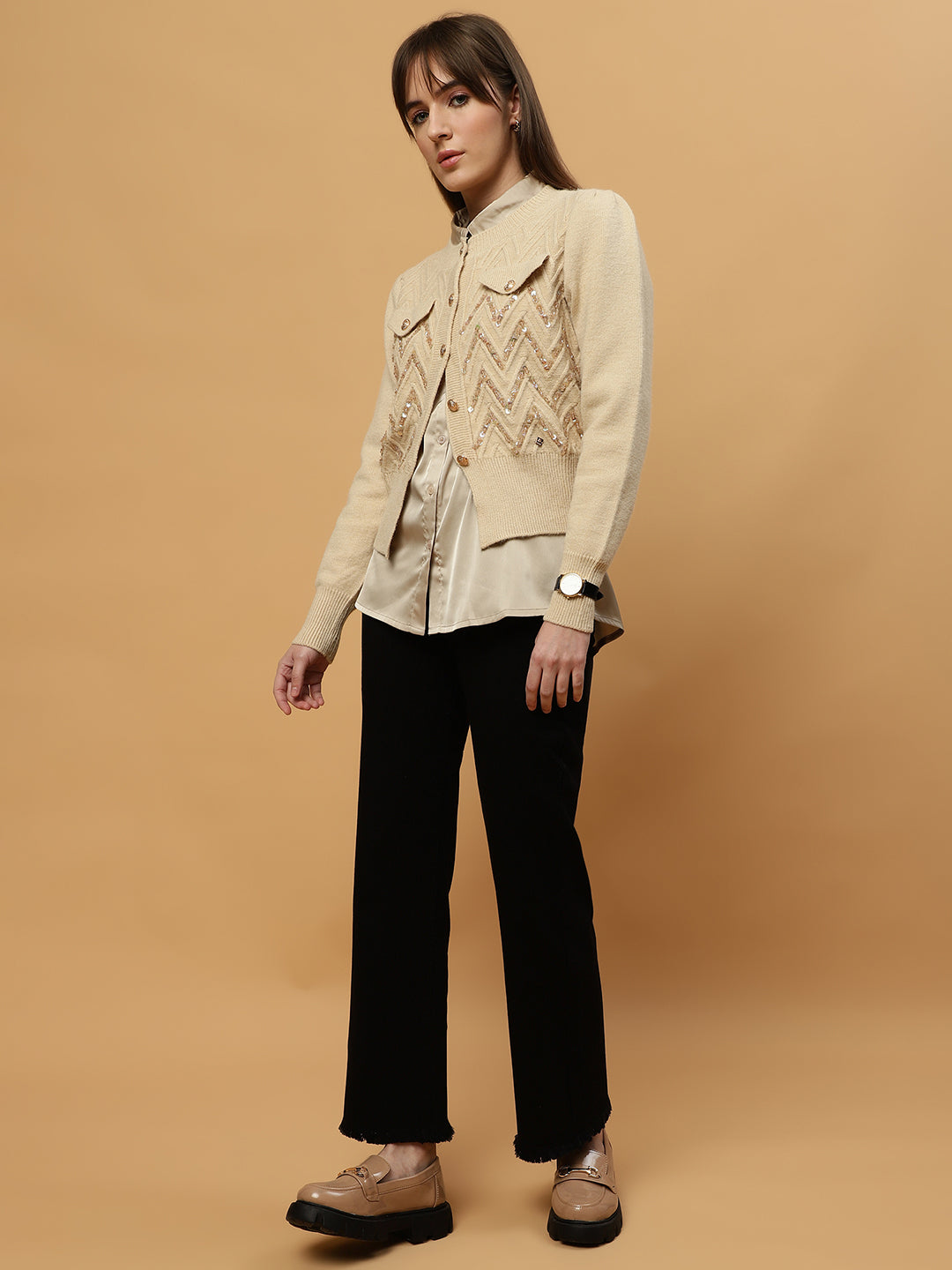 Beatnik Full Sleeves Front Open Abstract Sequins Womens Beige Sweaters Beatnik India