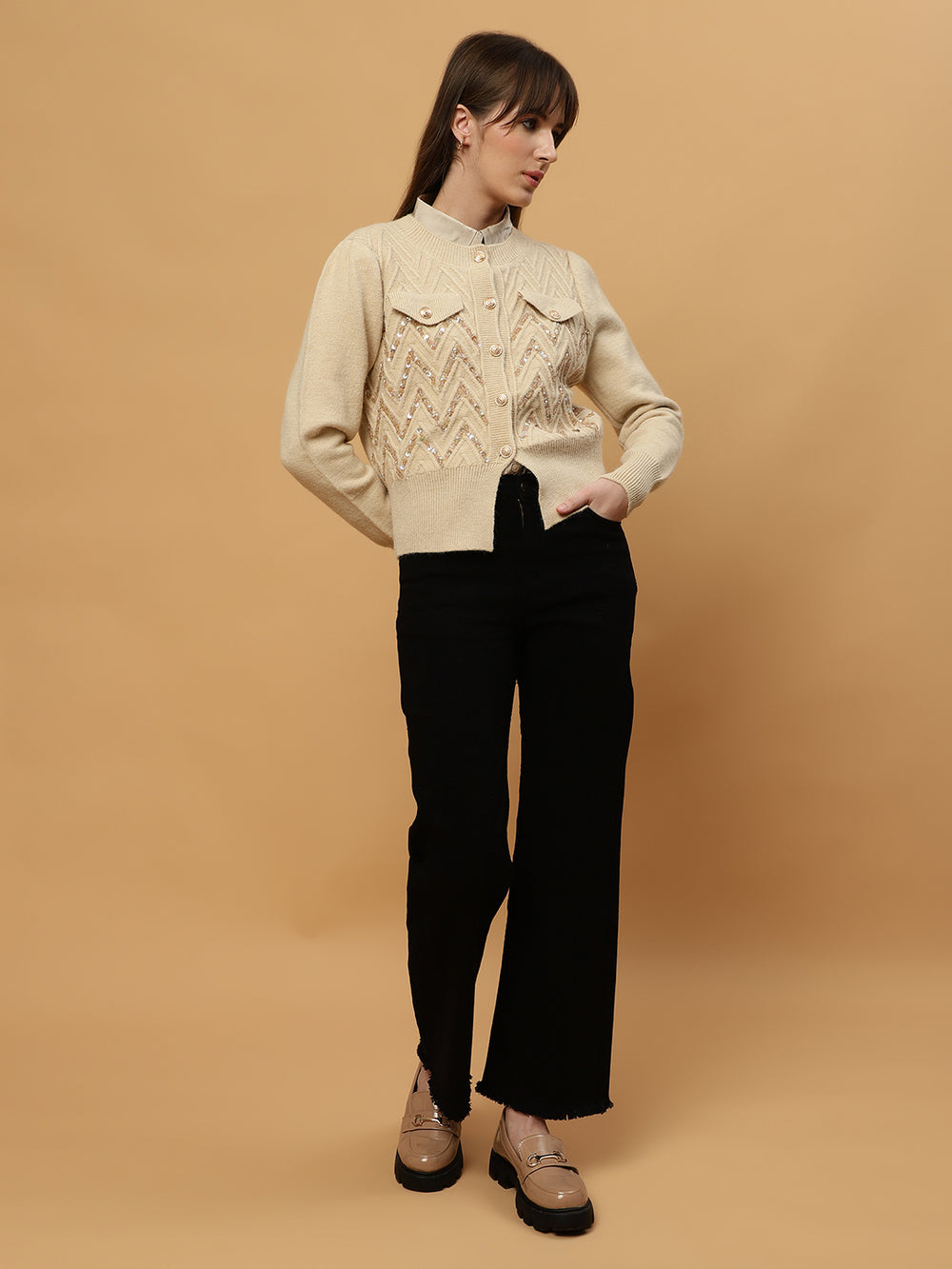 Beatnik Full Sleeves Front Open Abstract Sequins Womens Beige Sweaters Beatnik India