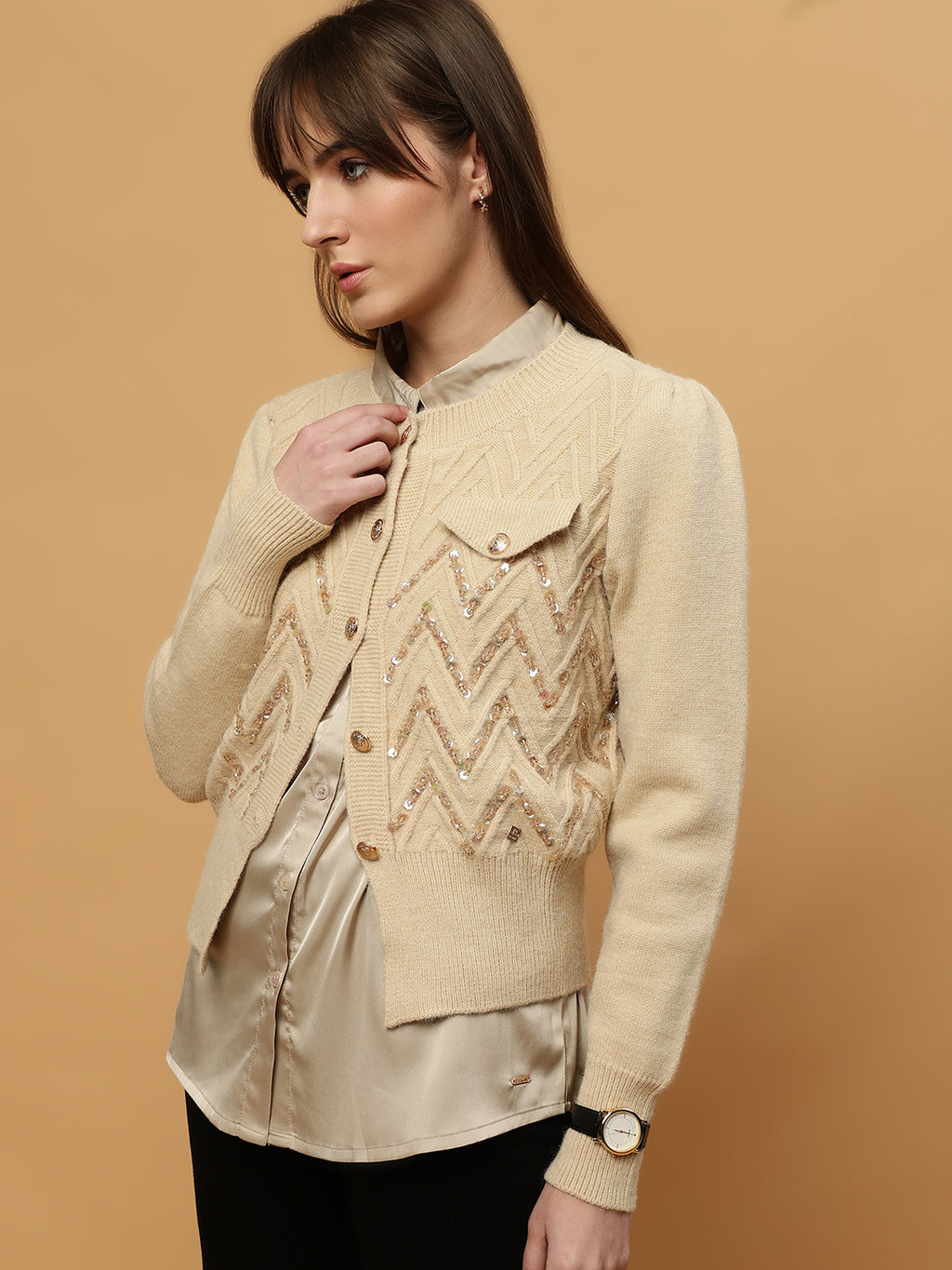 Beatnik Full Sleeves Front Open Abstract Sequins Womens Beige Sweaters Beatnik India
