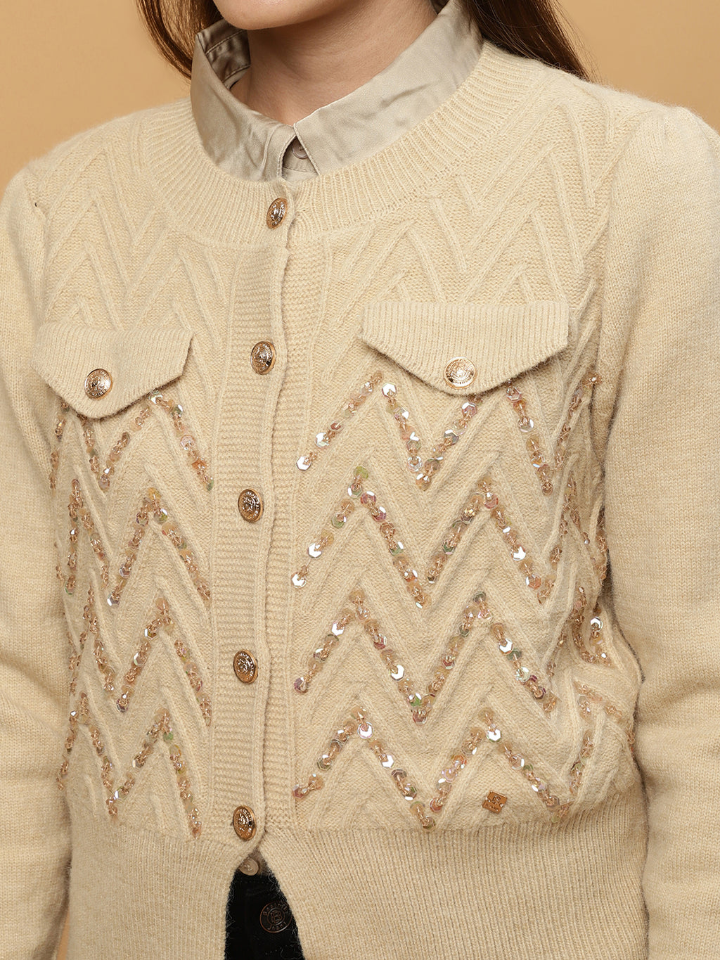 Beatnik Full Sleeves Front Open Abstract Sequins Womens Beige Sweaters Beatnik India