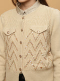 Beatnik Full Sleeves Front Open Abstract Sequins Womens Beige Sweaters Beatnik India