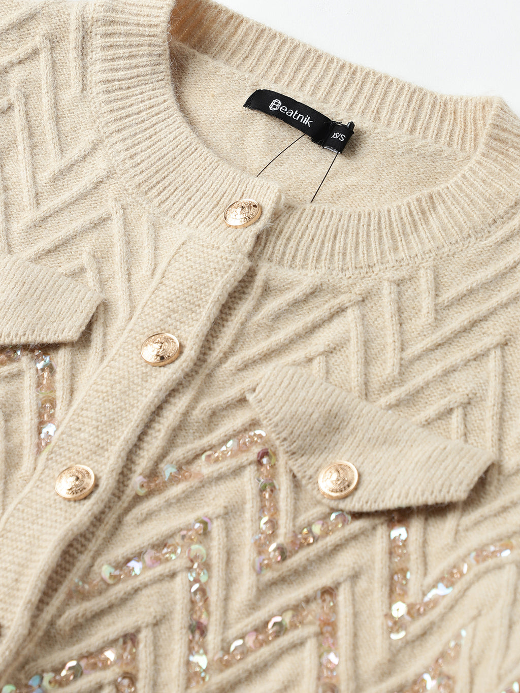 Beatnik Full Sleeves Front Open Abstract Sequins Womens Beige Sweaters Beatnik India