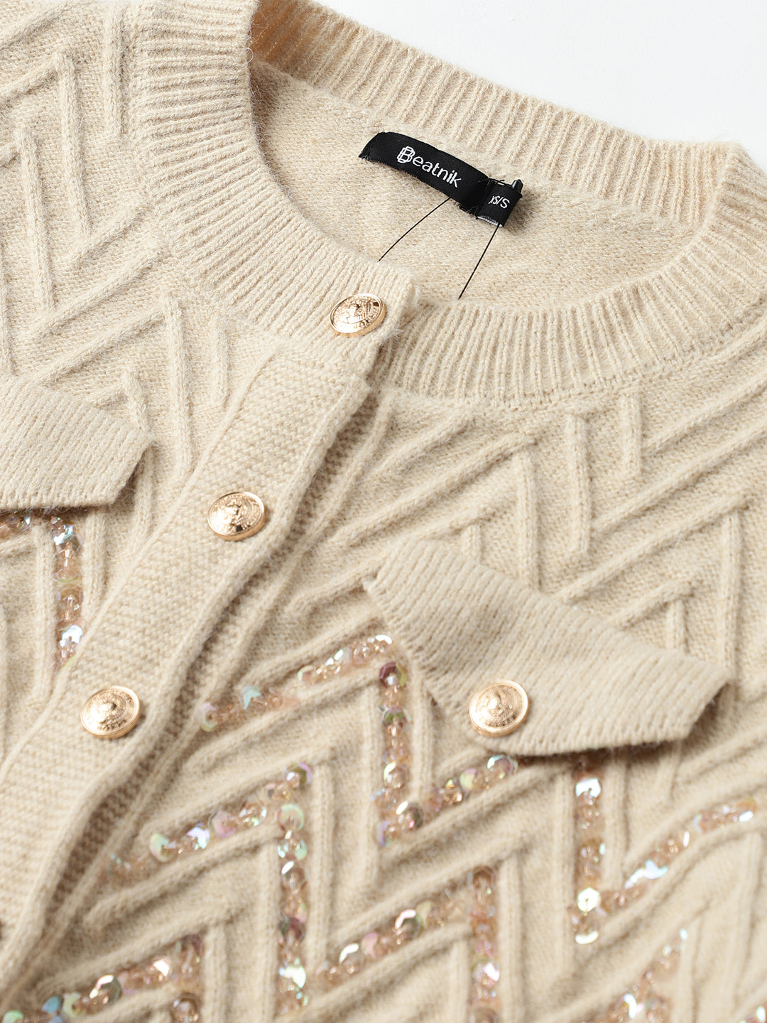 Beatnik Full Sleeves Front Open Abstract Sequins Womens Beige Sweaters Beatnik India