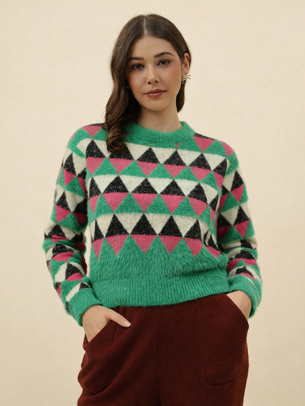 Beatnik Abstract Sequins Regular Full Sleeves Pull Over Womens Sweaters