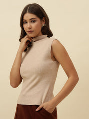 Pull Over Beige Sleeveless Turtle Neck Sweaters Beatnik