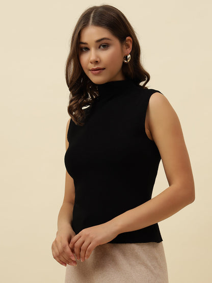 Pull Over Black Sleeveless Turtle Neck Sweaters