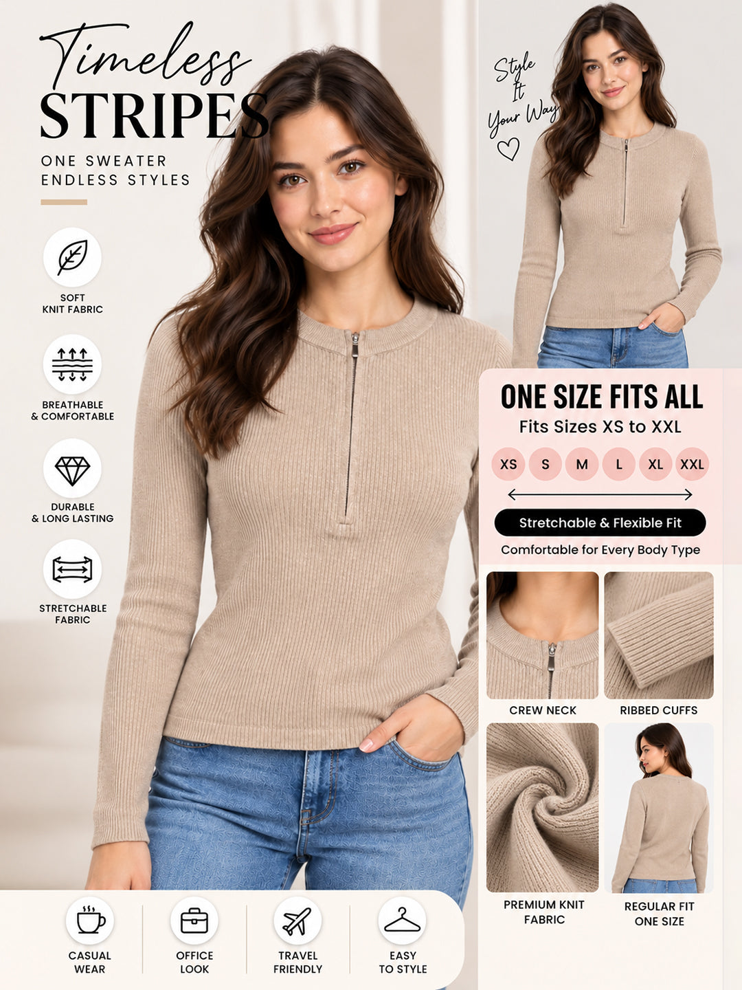 Women Ribbed Half Zip Beige Pullover