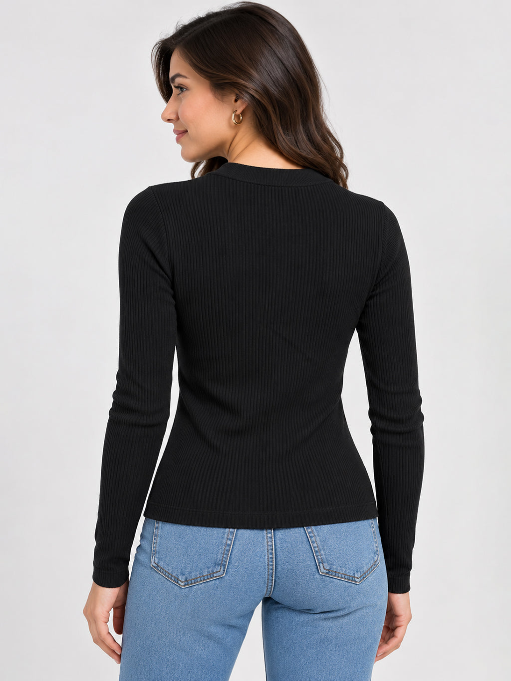 Women Ribbed Half Zip Black Pullover