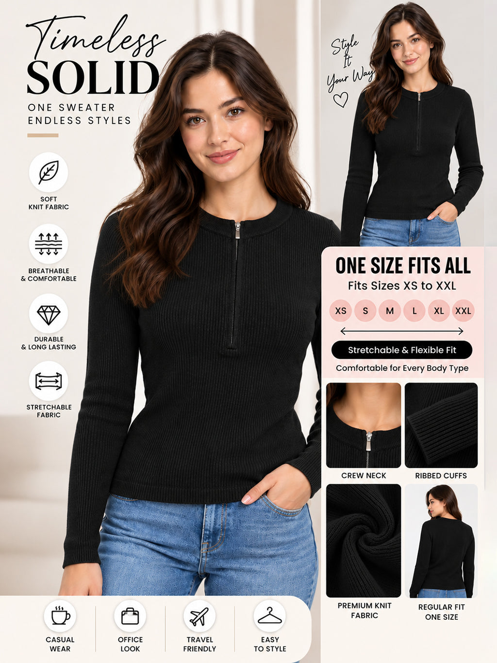 Women Ribbed Half Zip Black Pullover