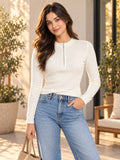 Women Ribbed Half Zip Off White Pullover
