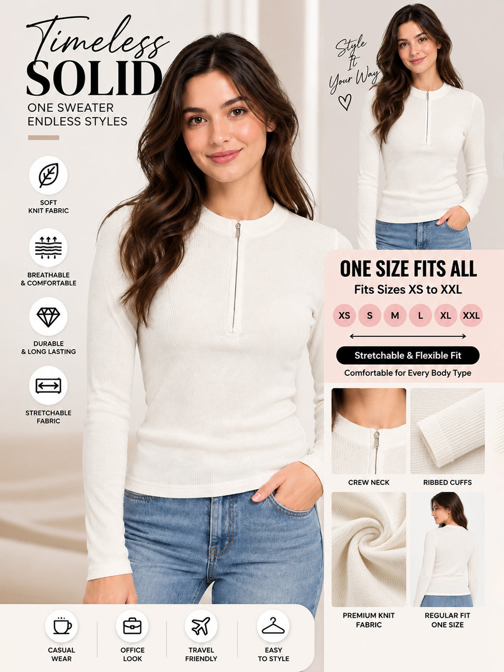 Women Ribbed Half Zip Off White Pullover