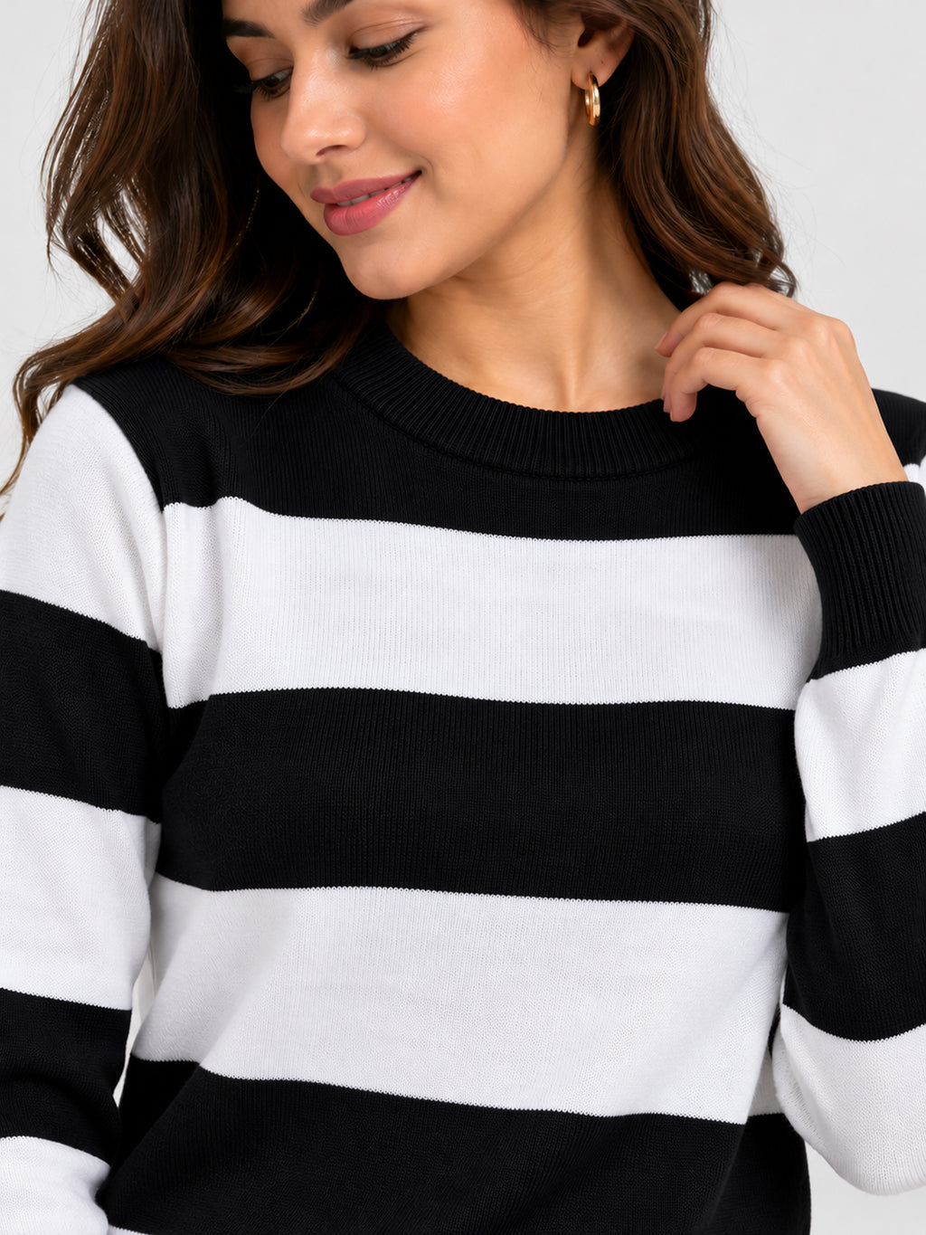Women Black Striped Pullover with Embroidered Detail