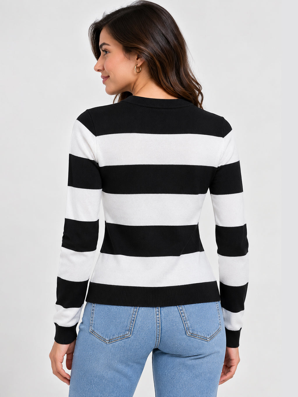 Women Black Striped Pullover with Embroidered Detail