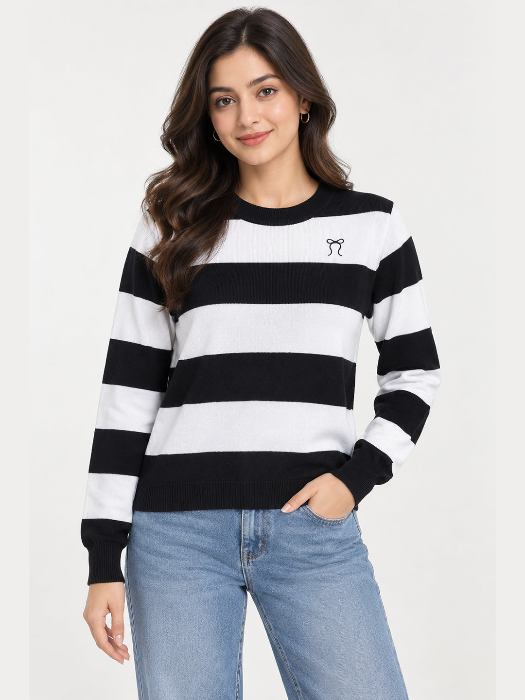 Women Black Striped Pullover with Embroidered Detail