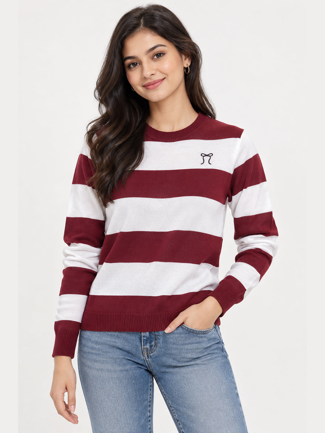 Women Maroon Striped Pullover with Embroidered Detail