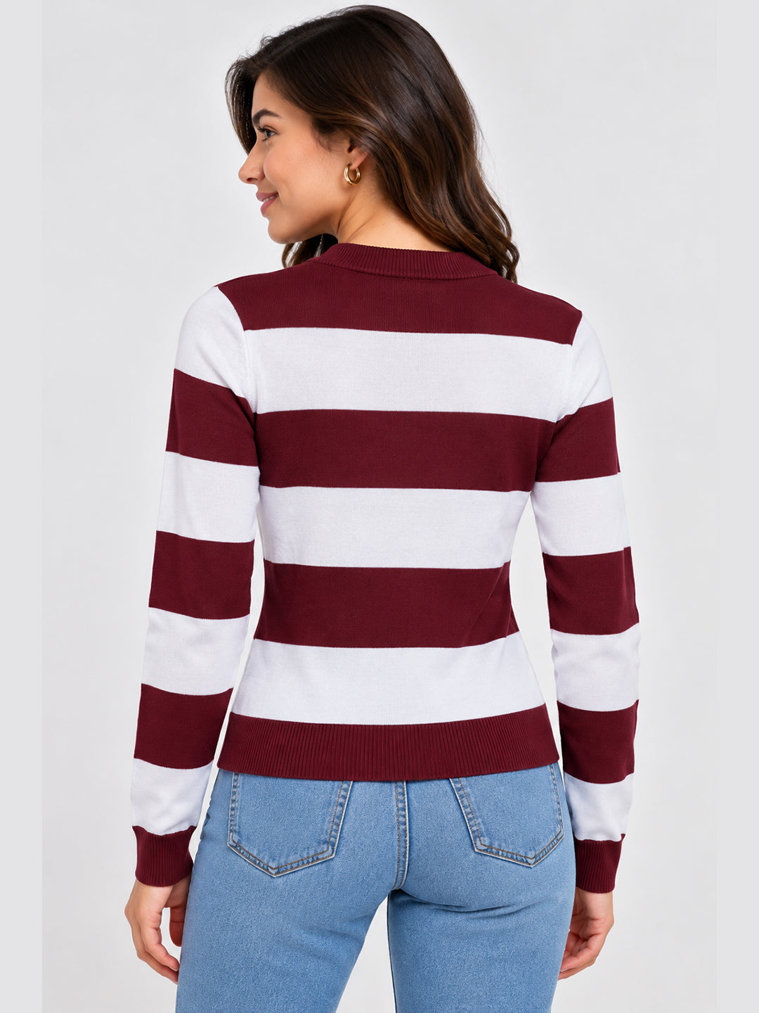 Women Maroon Striped Pullover with Embroidered Detail