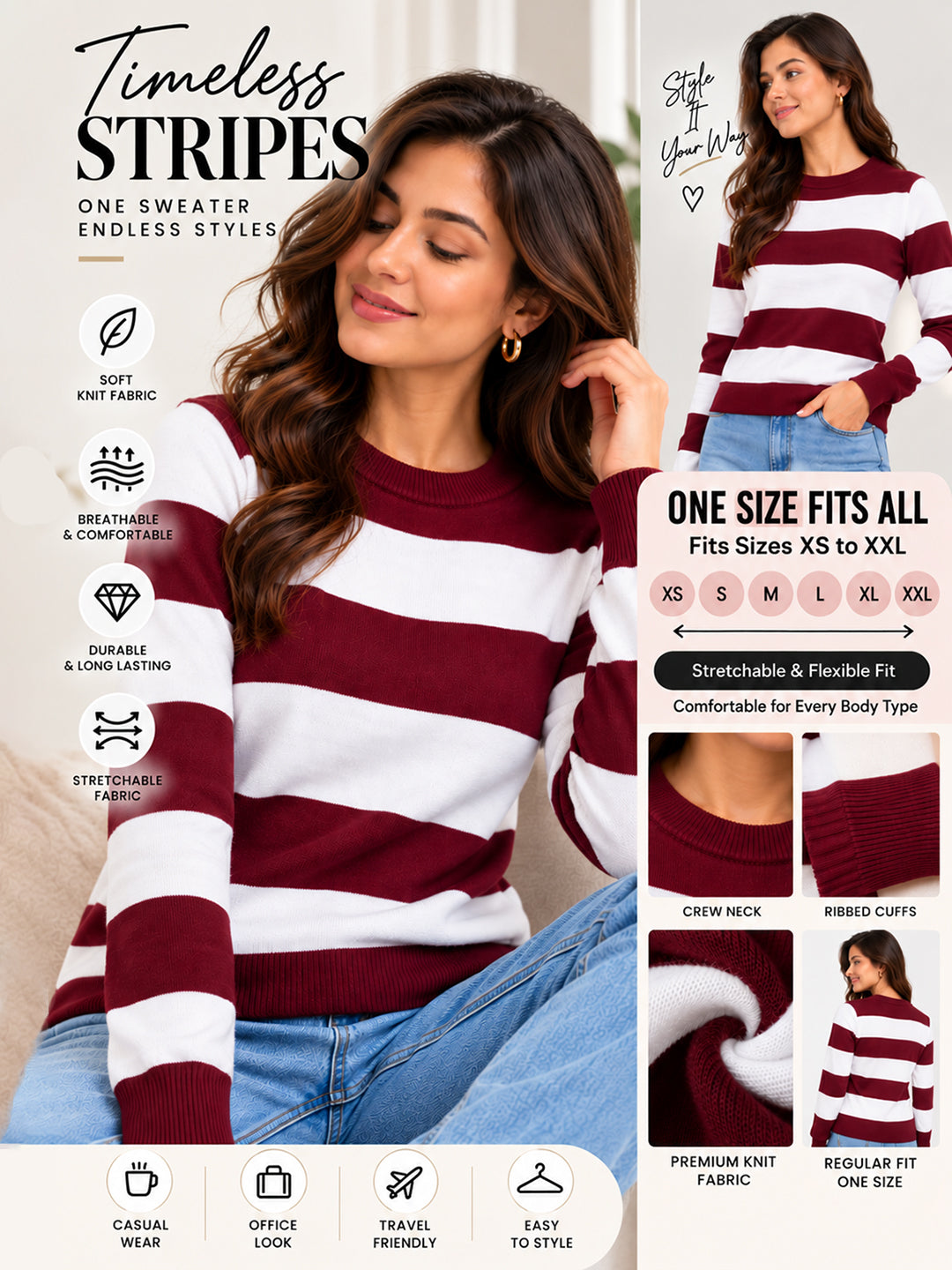 Women Maroon Striped Pullover with Embroidered Detail