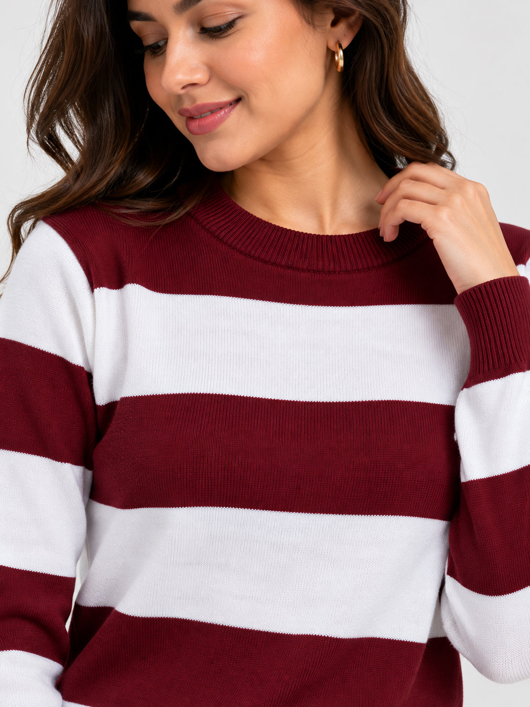 Women Maroon Striped Pullover with Embroidered Detail