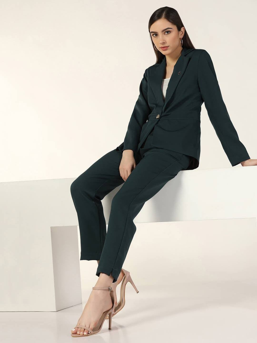 Beatnik Fitted Full Sleeve Solid Teal Green Womens Western Suits Beatnik India