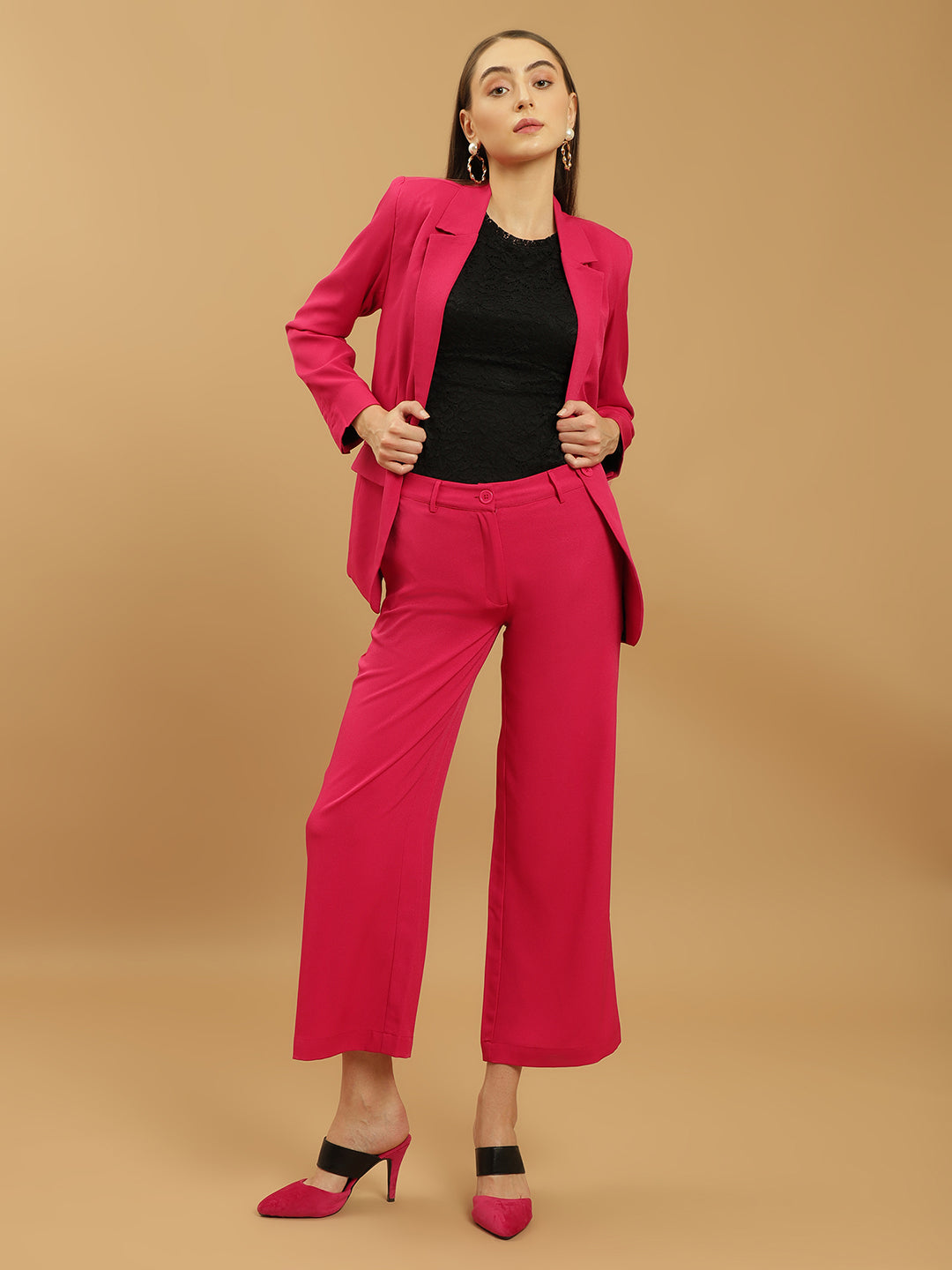 Beatnik Notched Lapel Longline Regular Fuchsia Womens Western Suits Beatnik India