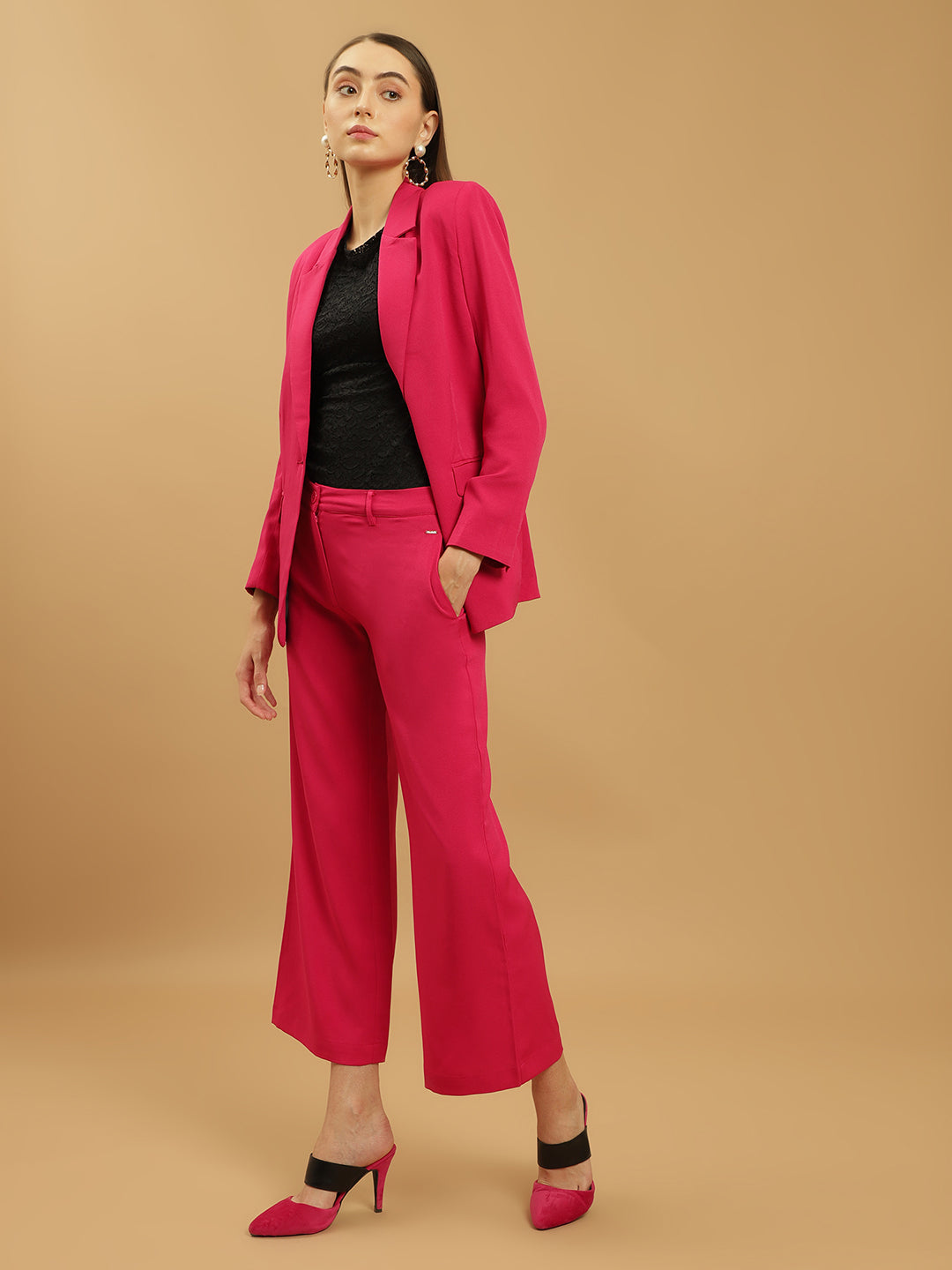 Beatnik Notched Lapel Longline Regular Fuchsia Womens Western Suits Beatnik India