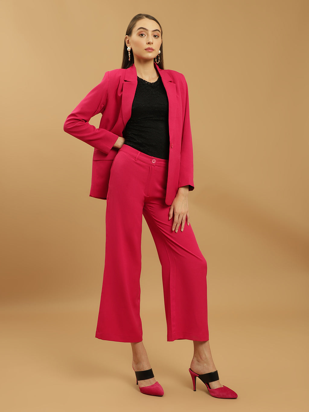 Beatnik Notched Lapel Longline Regular Fuchsia Womens Western Suits Beatnik India