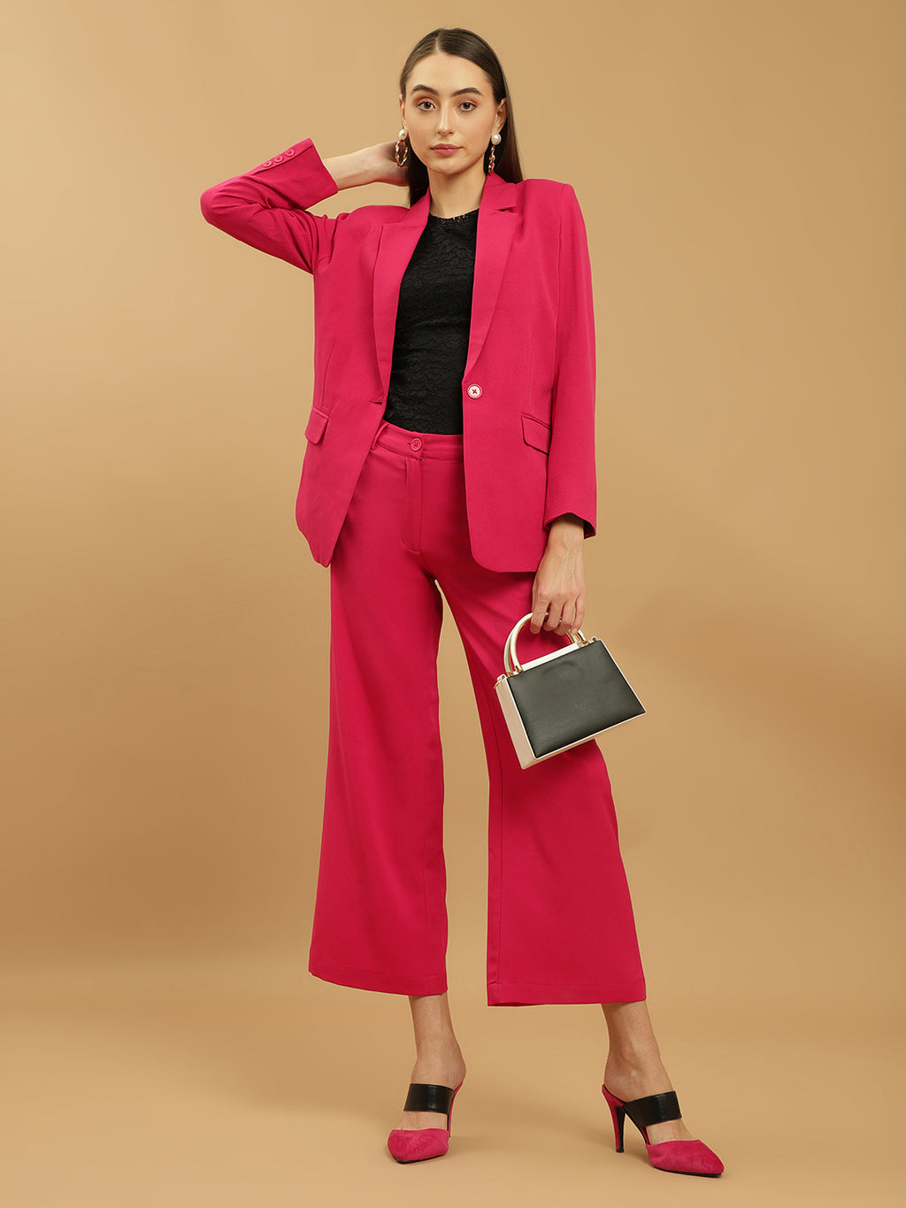 Beatnik Notched Lapel Longline Regular Fuchsia Womens Western Suits Beatnik India
