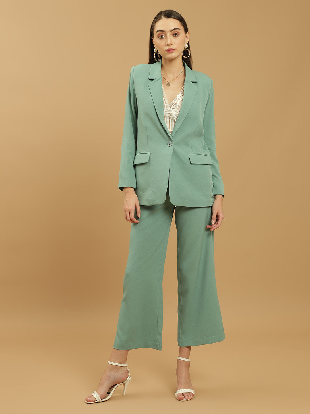 Beatnik Polyester Notched Lapel Longline Regular Sea Green Womens Western Suits Beatnik India