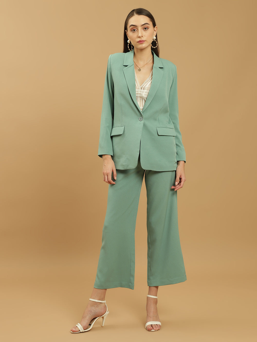 Beatnik Polyester Notched Lapel Longline Regular Sea Green Womens Western Suits Beatnik India