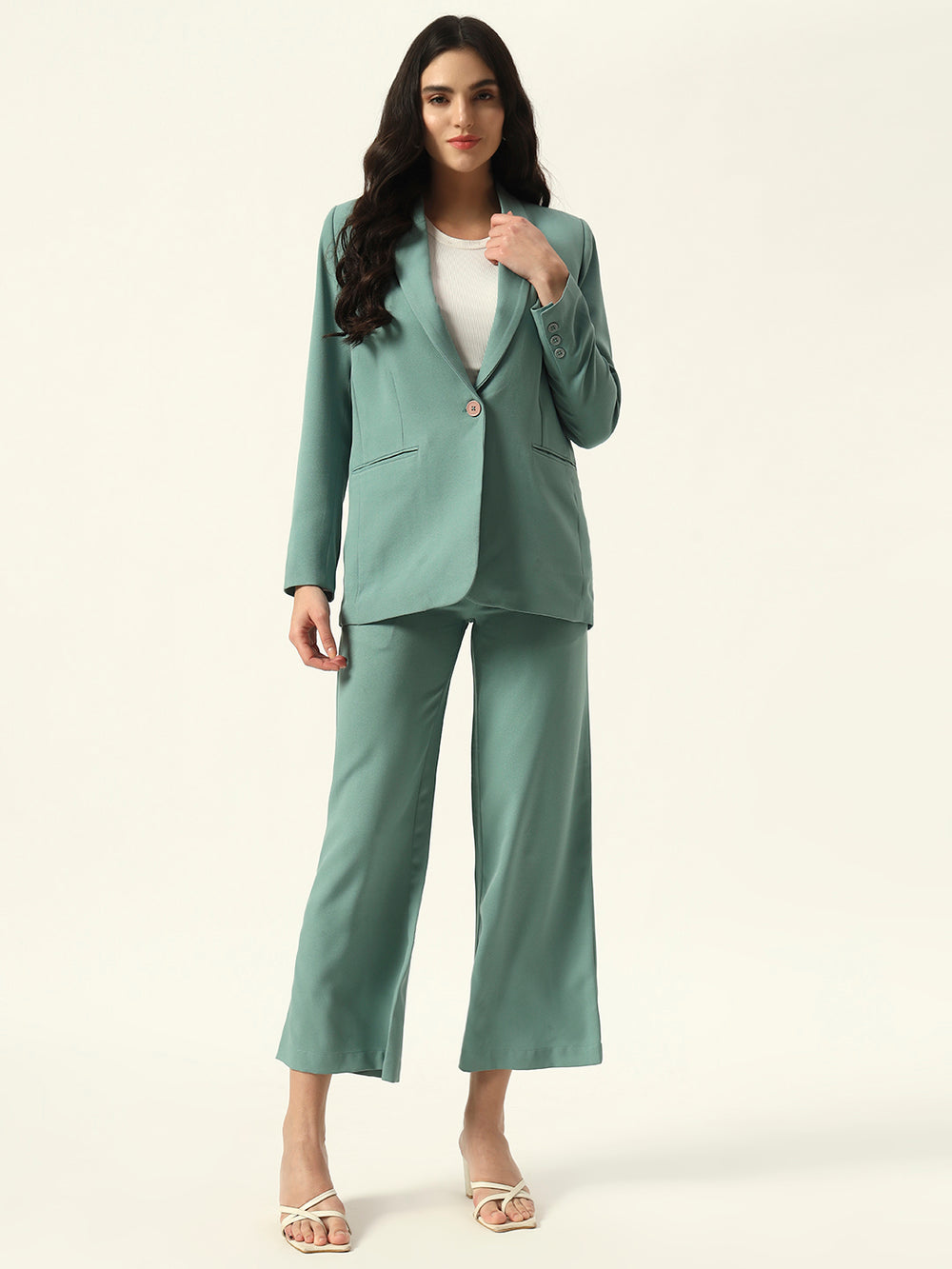 Sea Green 2 Pieces Notched Lapel Single-Breasted Blazer & Pant Suit