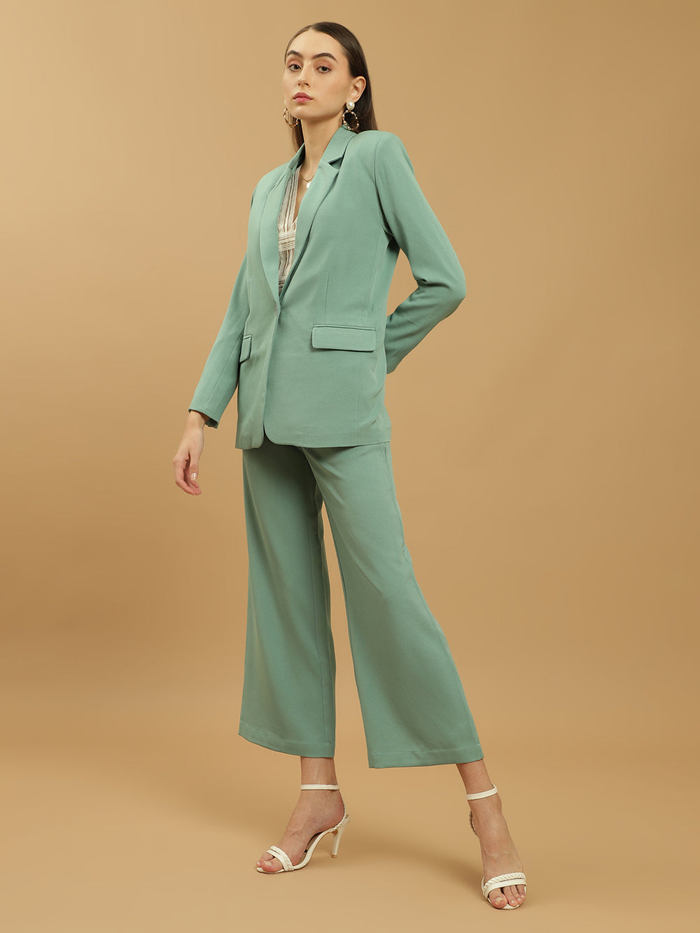 Beatnik Polyester Notched Lapel Longline Regular Sea Green Womens Western Suits Beatnik India