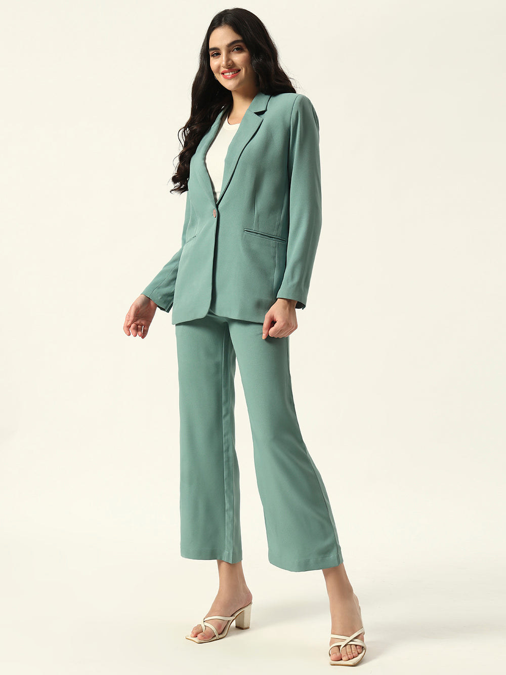 Sea Green 2 Pieces Notched Lapel Single-Breasted Blazer & Pant Suit
