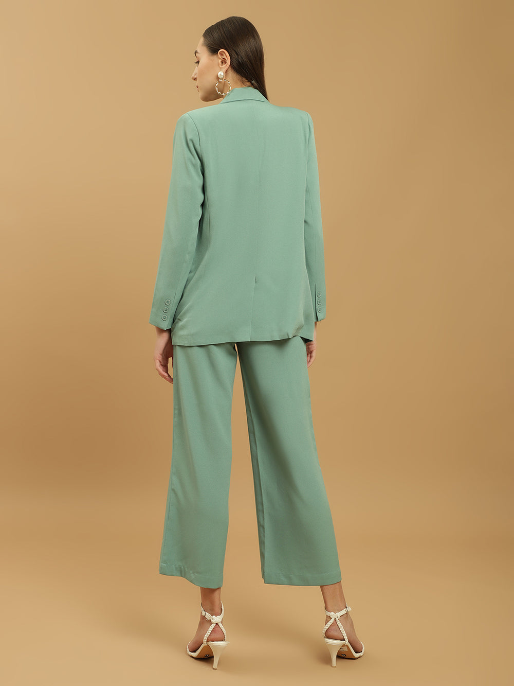Beatnik Polyester Notched Lapel Longline Regular Sea Green Womens Western Suits Beatnik India