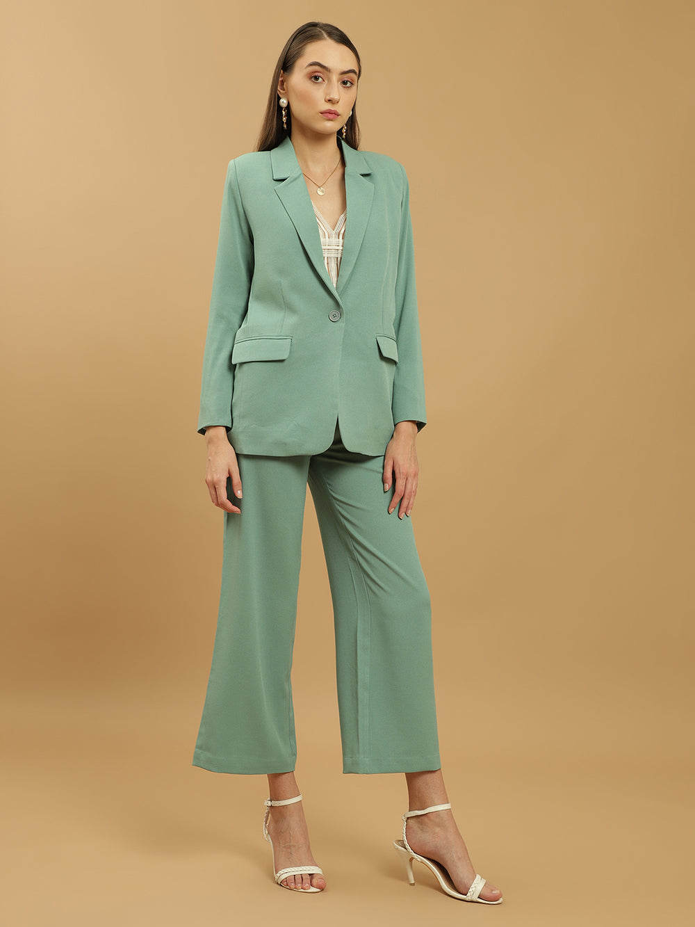 Beatnik Polyester Notched Lapel Longline Regular Sea Green Womens Western Suits Beatnik India