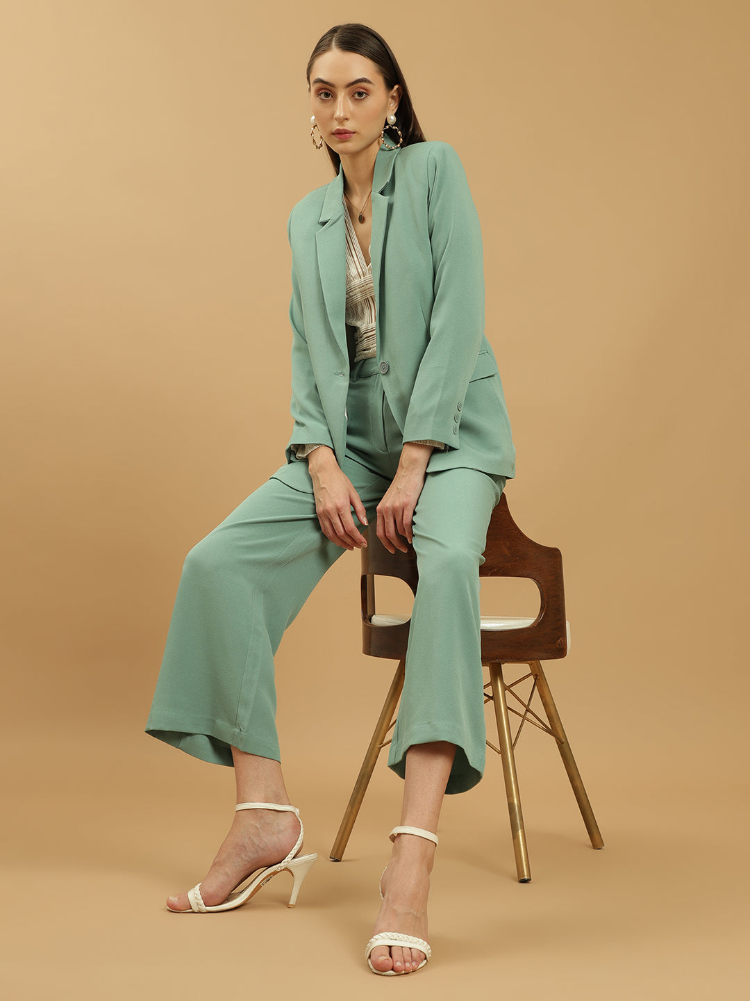 Beatnik Polyester Notched Lapel Longline Regular Sea Green Womens Western Suits Beatnik India