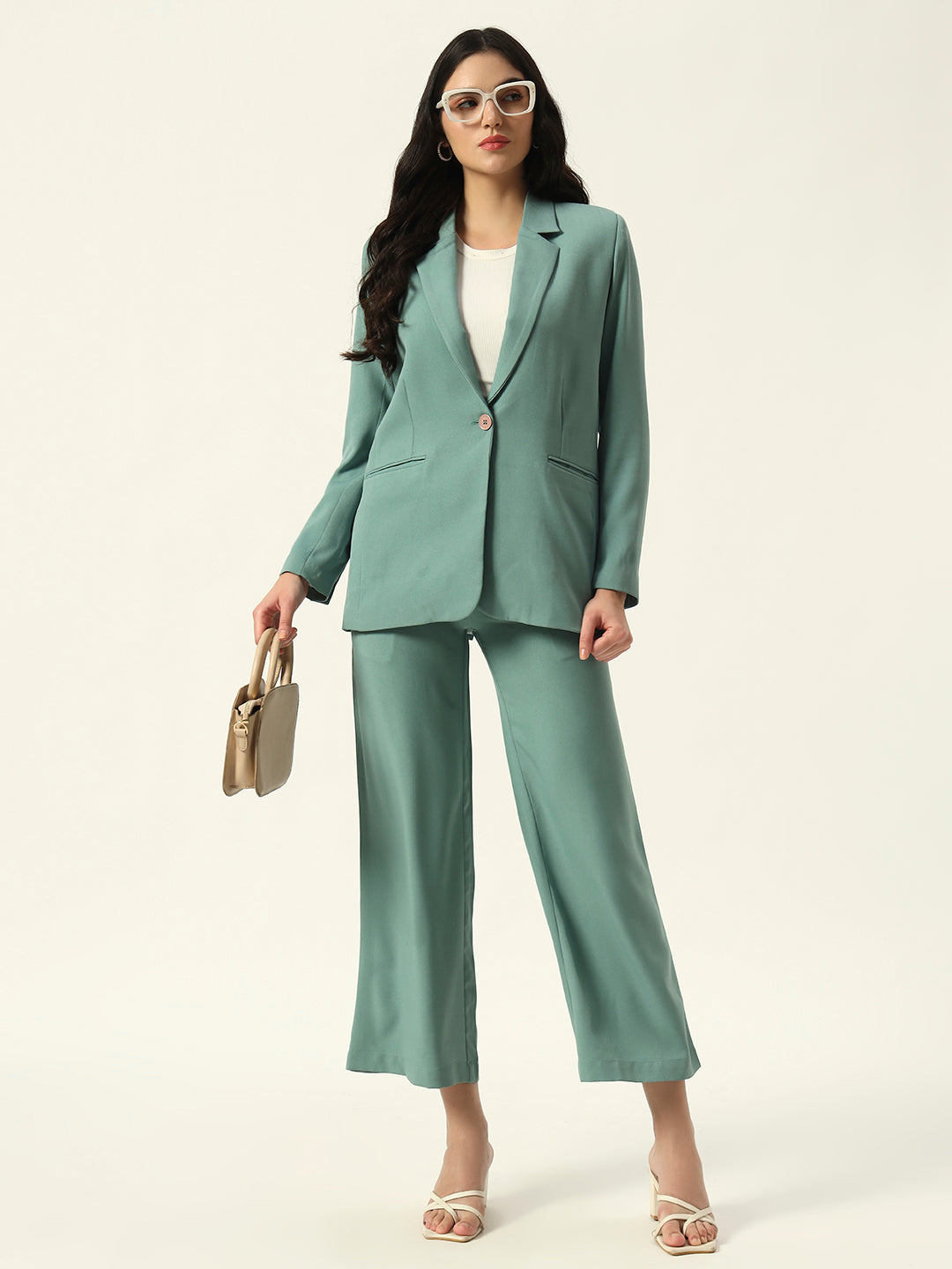 Sea Green 2 Pieces Notched Lapel Single-Breasted Blazer & Pant Suit