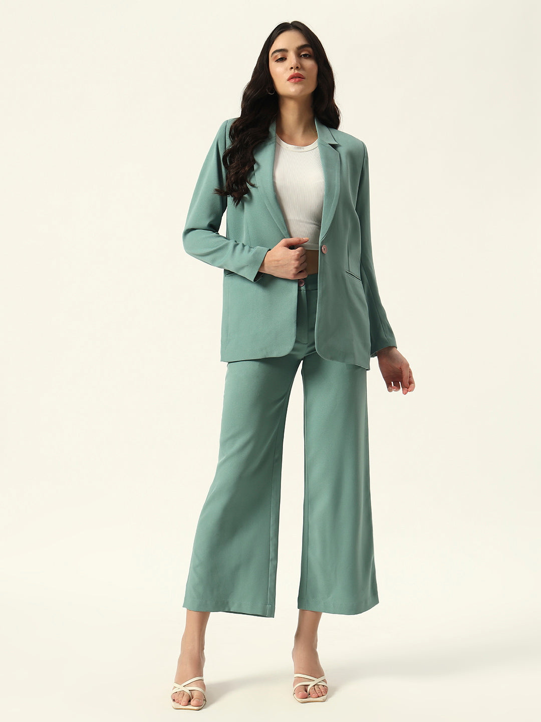 Sea Green 2 Pieces Notched Lapel Single-Breasted Blazer & Pant Suit