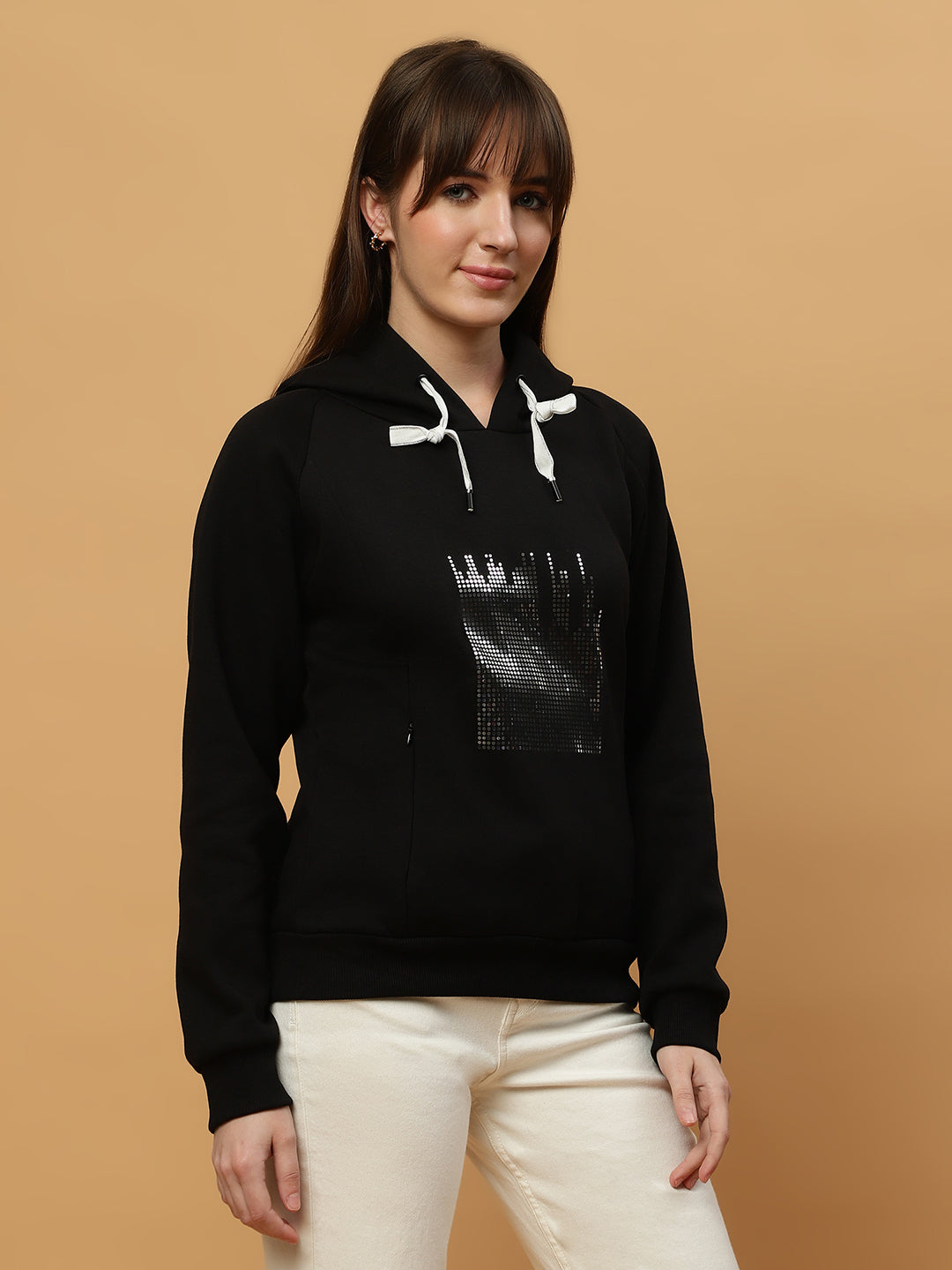 Beatnik Casual Wear V Neck Full Sleeve Hooded Black Sweatshirts Beatnik India