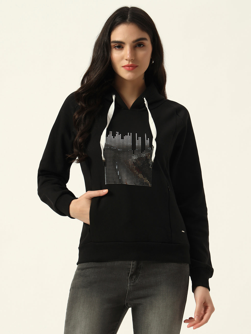 Beatnik Casual Wear V Neck Full Sleeve Hooded Black Sweatshirts