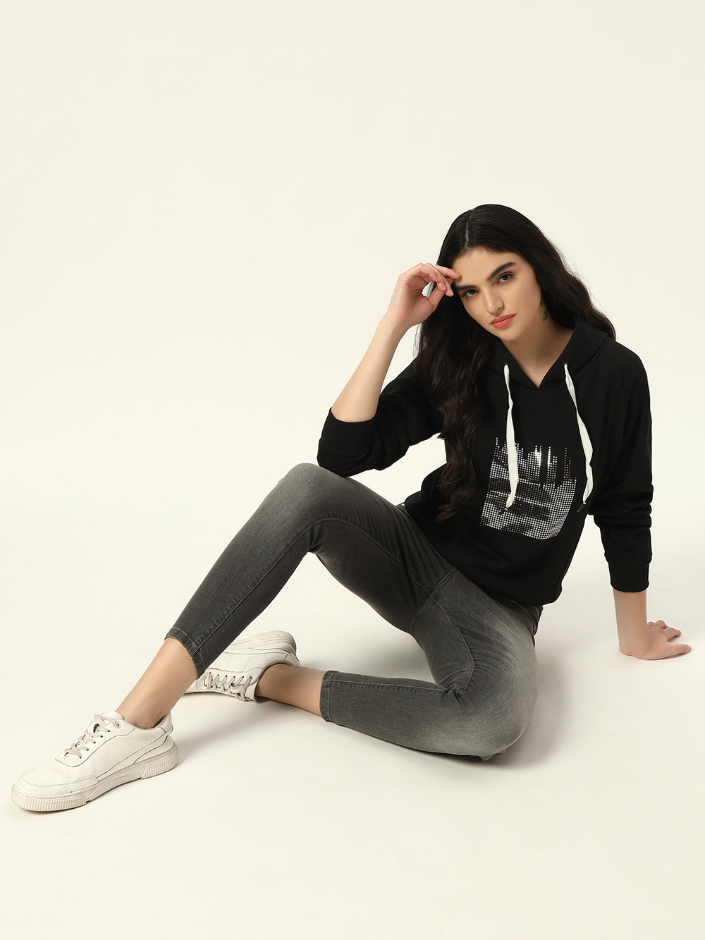 Beatnik Casual Wear V Neck Full Sleeve Hooded Black Sweatshirts