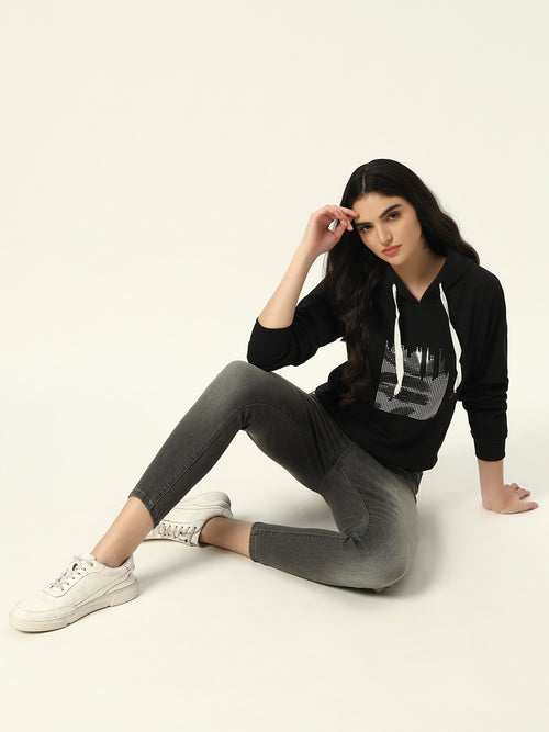 Beatnik Casual Wear V Neck Full Sleeve Hooded Black Sweatshirts