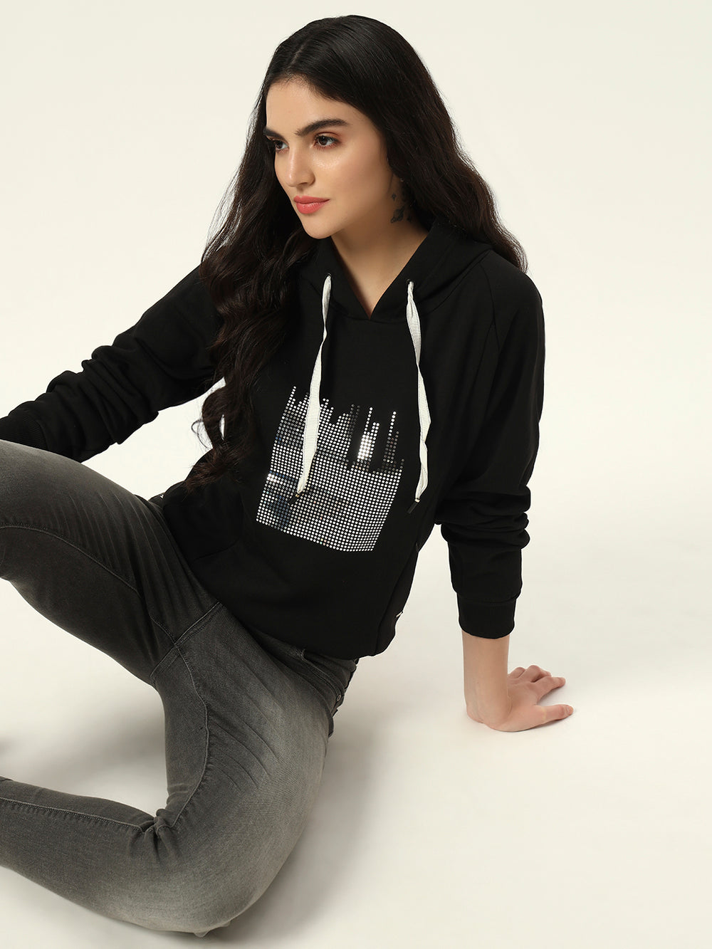 Beatnik Casual Wear V Neck Full Sleeve Hooded Black Sweatshirts