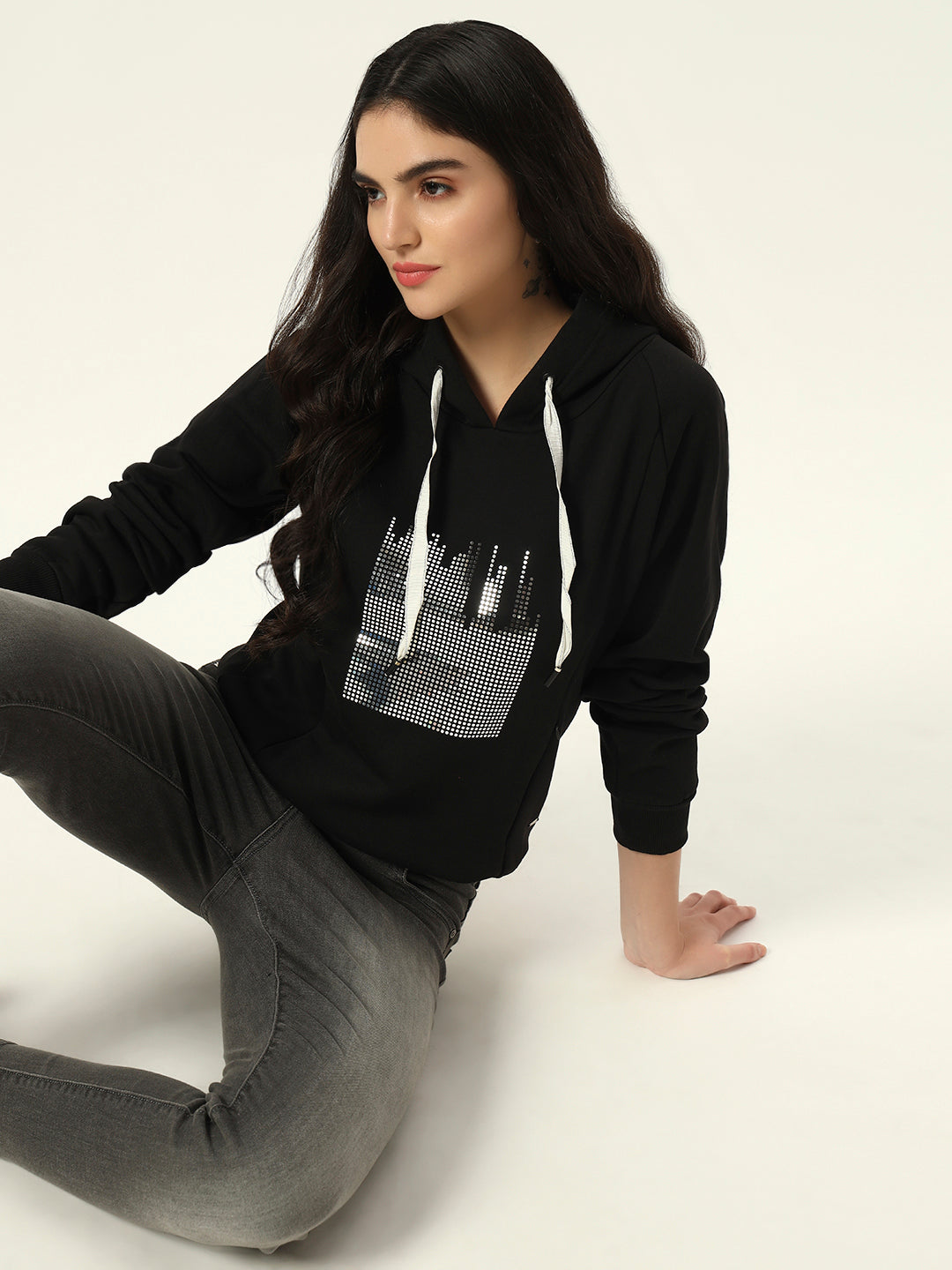 Beatnik Casual Wear V Neck Full Sleeve Hooded Black Sweatshirts