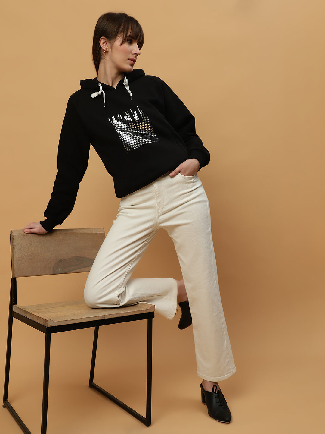 Beatnik Casual Wear V Neck Full Sleeve Hooded Black Sweatshirts Beatnik India