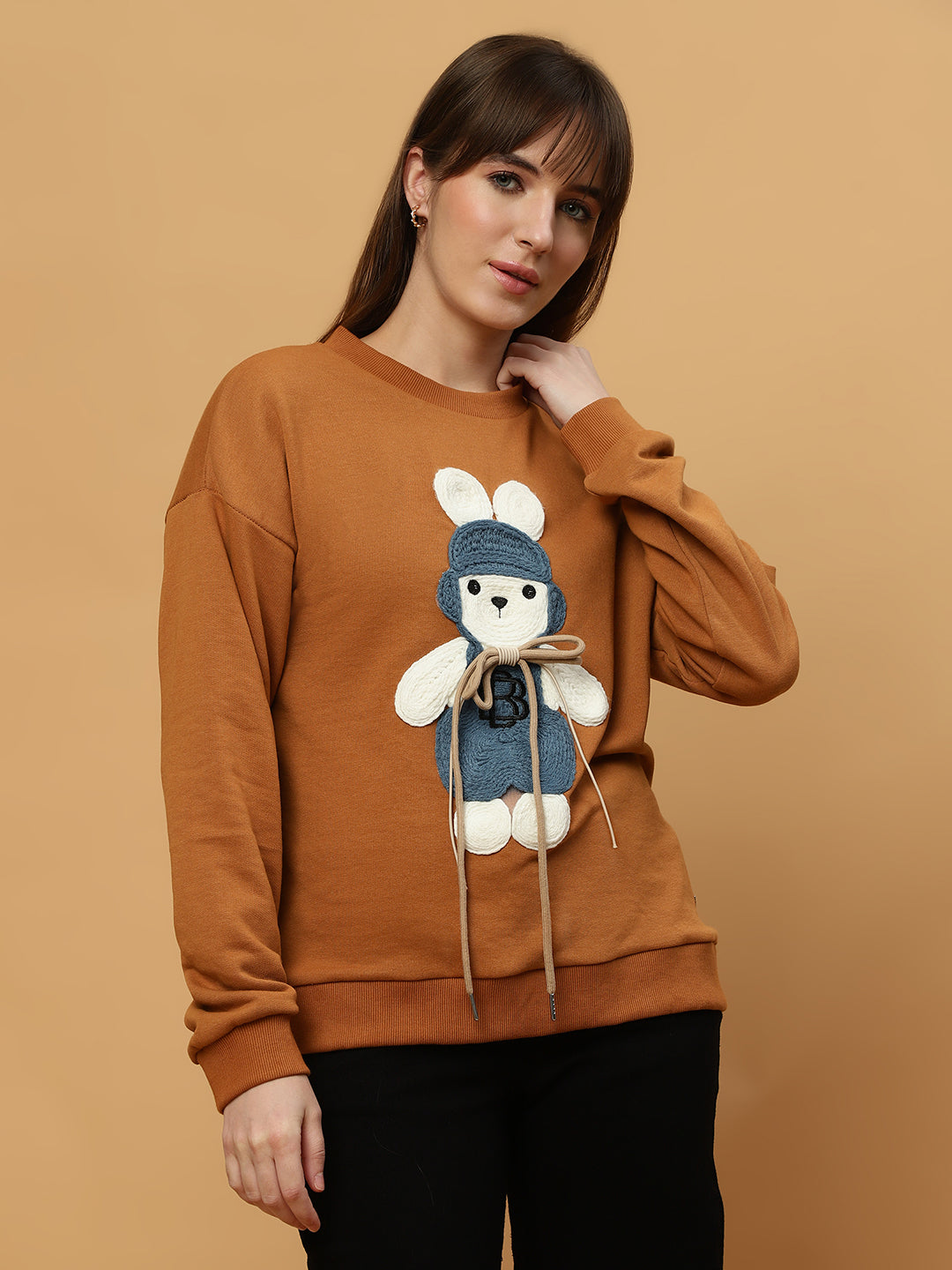 Beatnik Casual Wear Teddy Patch Work Sandy Brown Sweatshirts Beatnik India