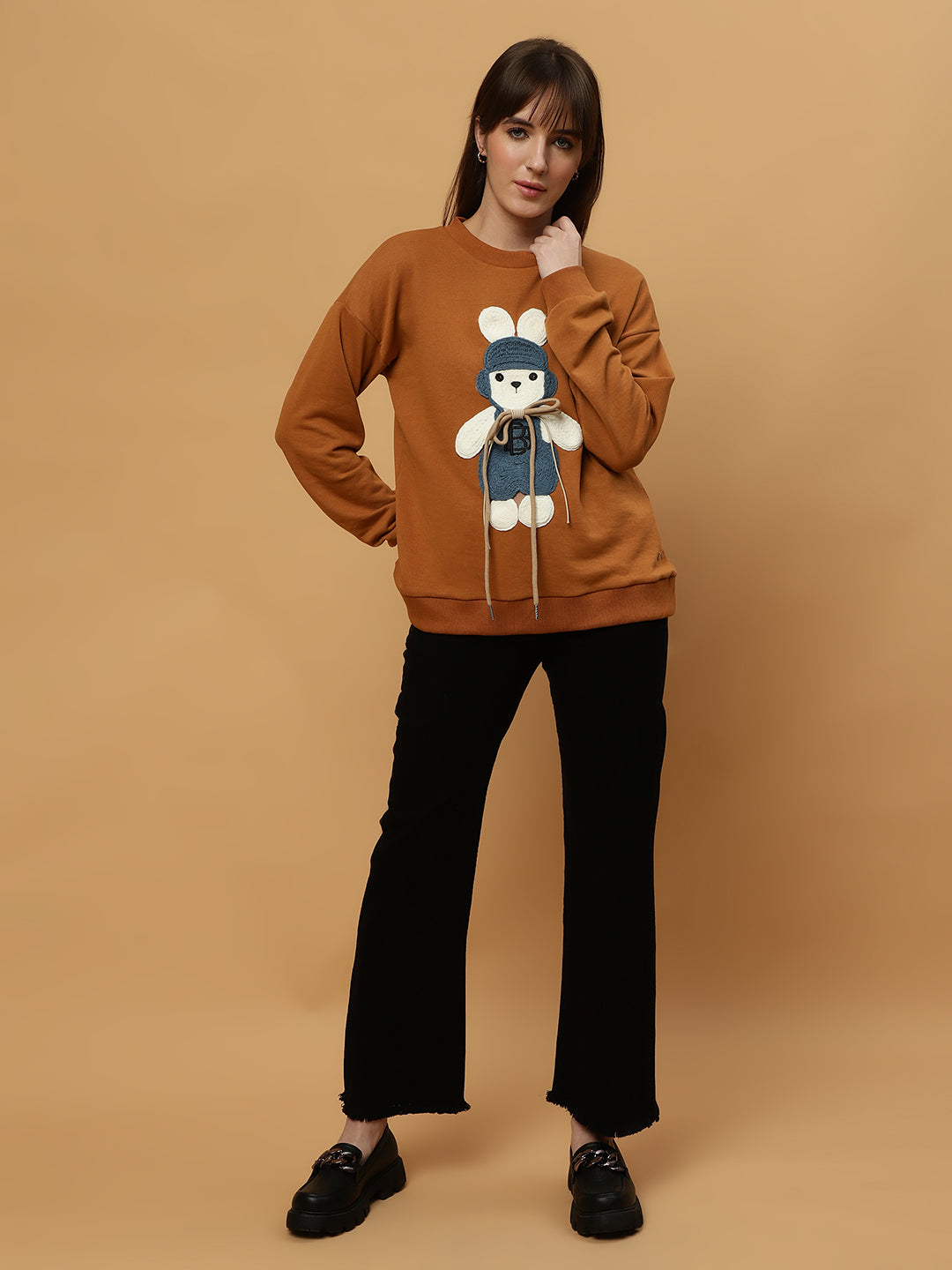 Beatnik Casual Wear Teddy Patch Work Sandy Brown Sweatshirts Beatnik India