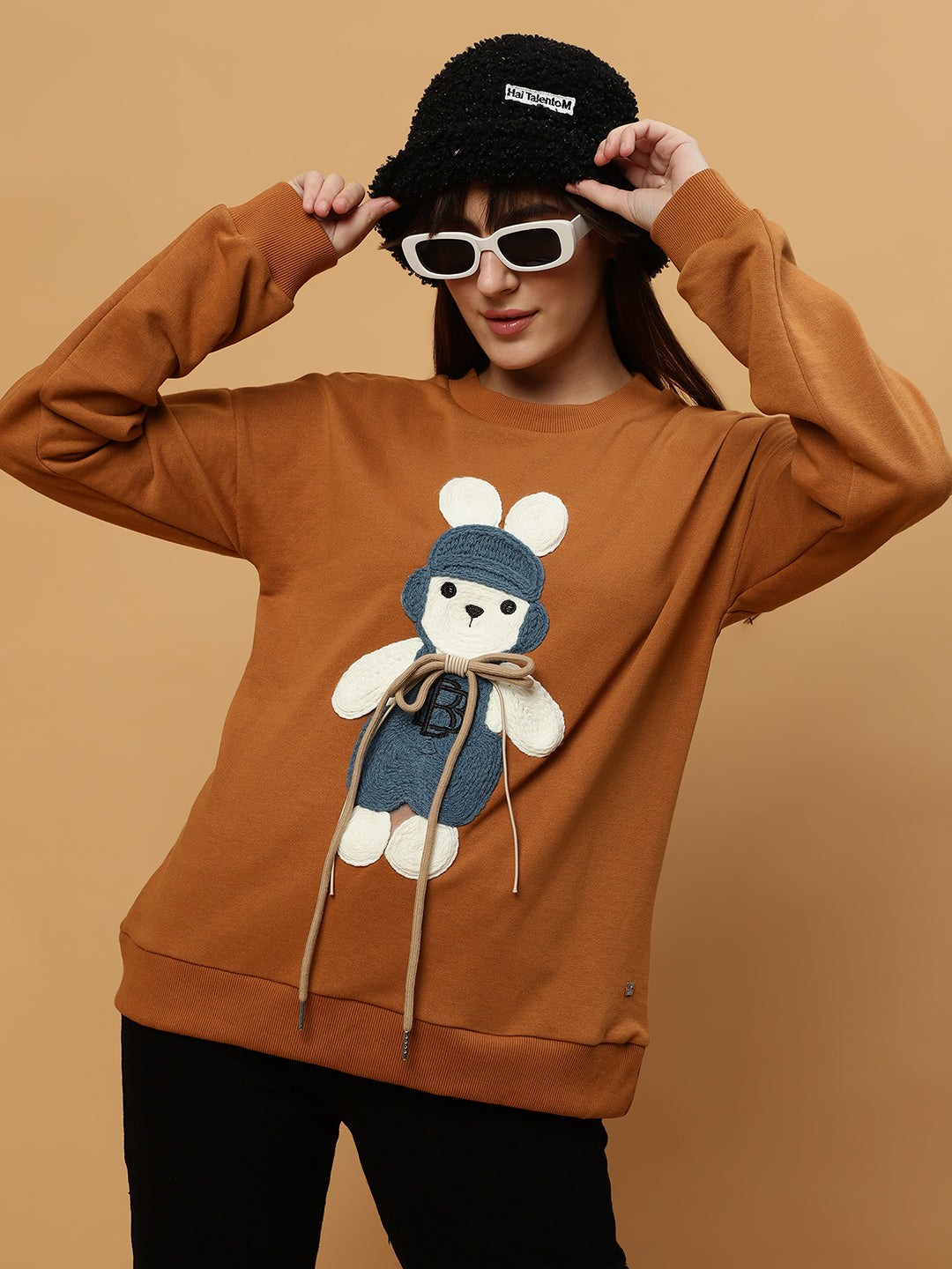 Beatnik Casual Wear Teddy Patch Work Sandy Brown Sweatshirts Beatnik India