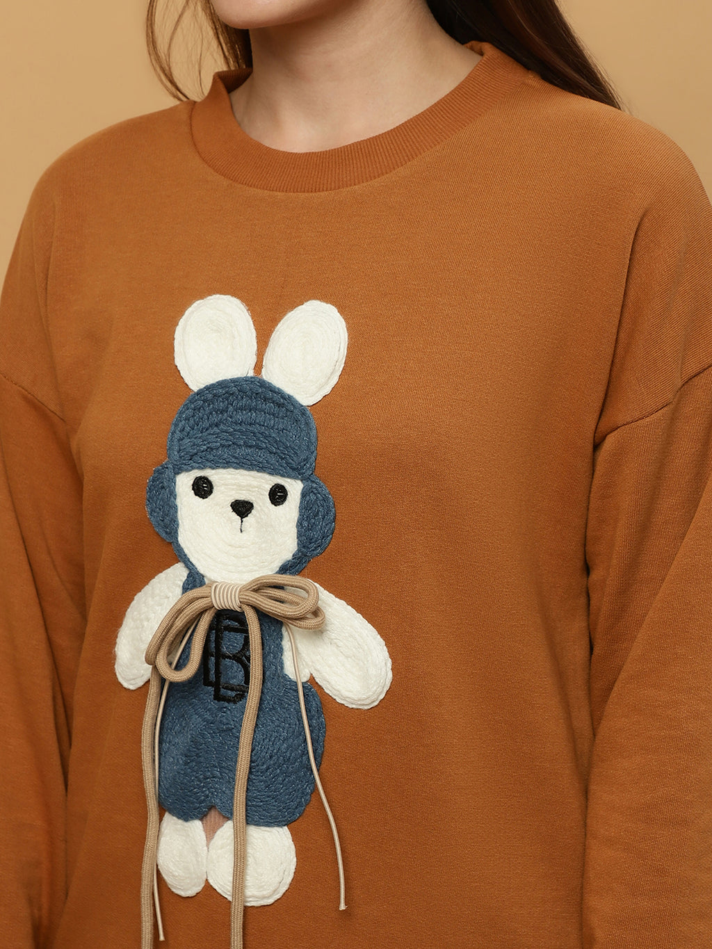 Beatnik Casual Wear Teddy Patch Work Sandy Brown Sweatshirts Beatnik India